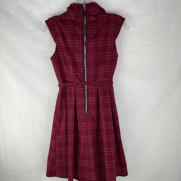 GO International Garnet Navy Cream Plaid Cowl Neck Exposed Zipper Belted Dress - Picture 8 of 9